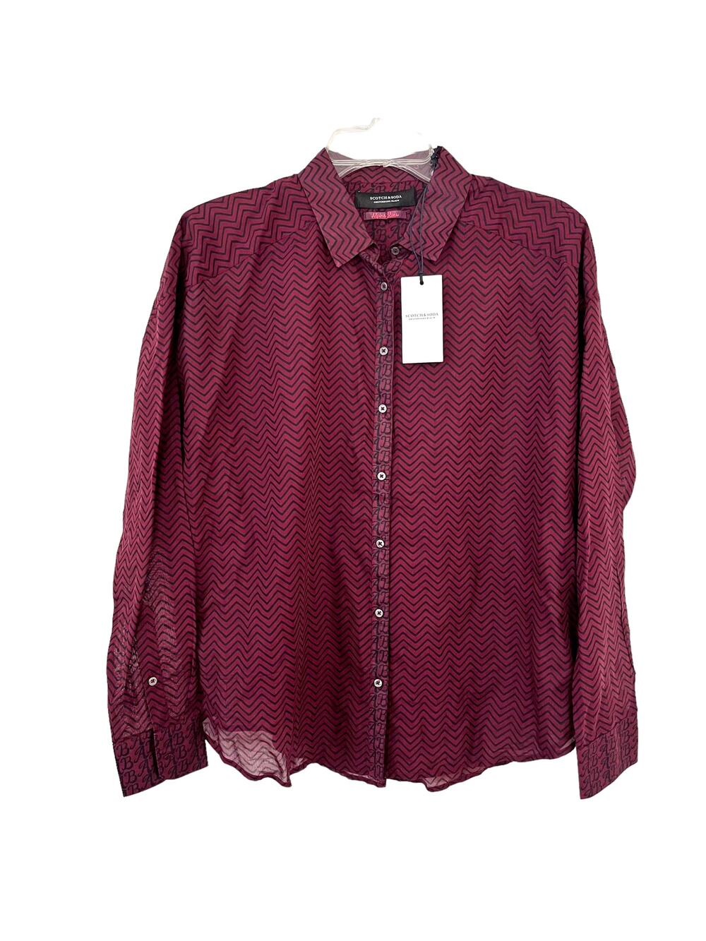NWT Scotch & Soda Long Sleeve Button Up Semi Sheer Shirt Burgundy Black Small - Picture 1 of 12